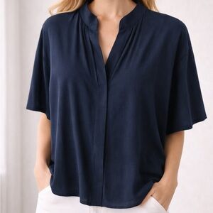 Vince Navy Linen Blend Split Neck Blouse